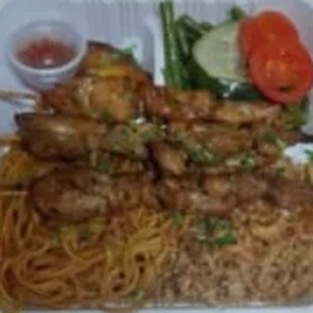 Half Noodles, Half Fried Rice with Chicken Skewers