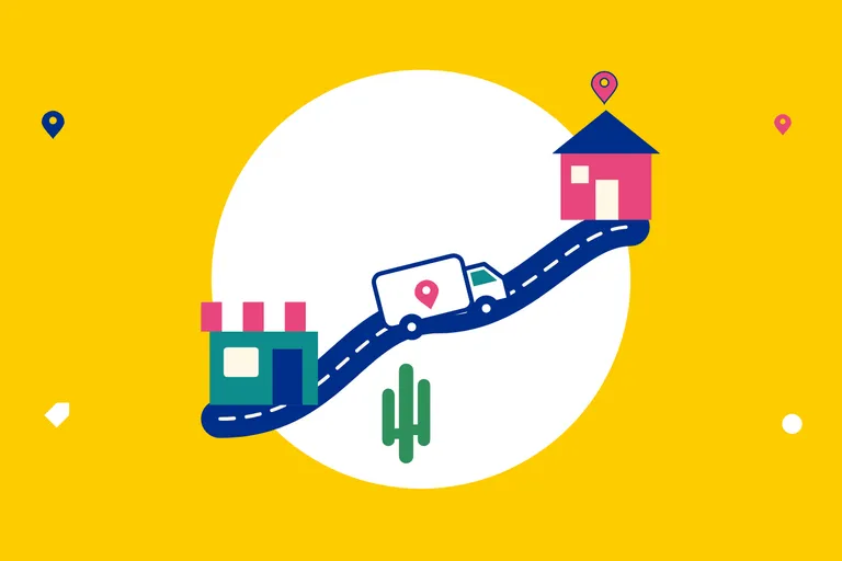 Illustration of a delivery van driving from a shop to a house marked with a pin