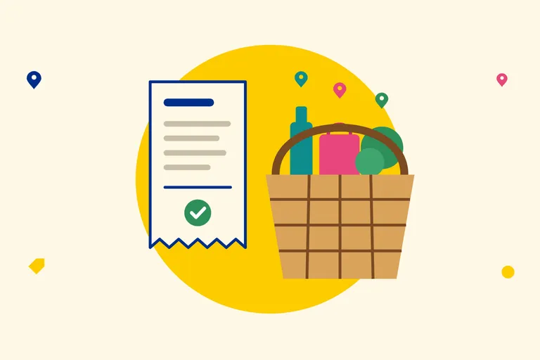 Illustration of a shopping basket filled from different shops, next to a receipt