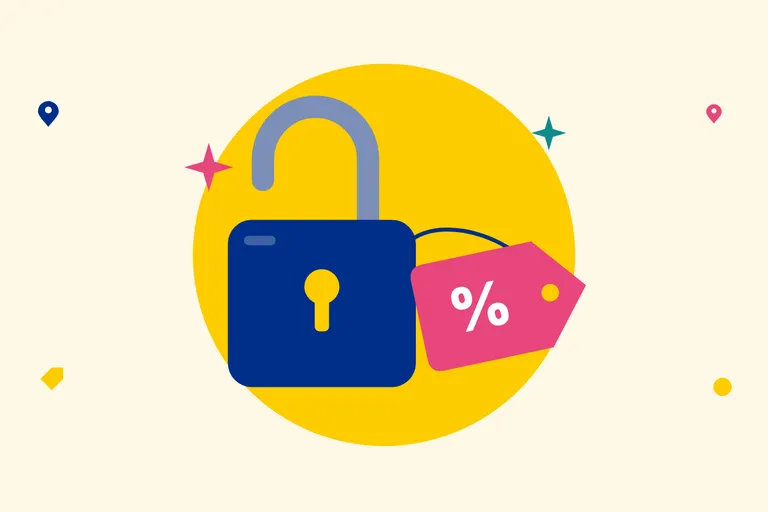 Illustration of an open padlock next to a discount tag