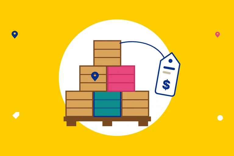 Illustration of crates stacked on a pallet with a price tag