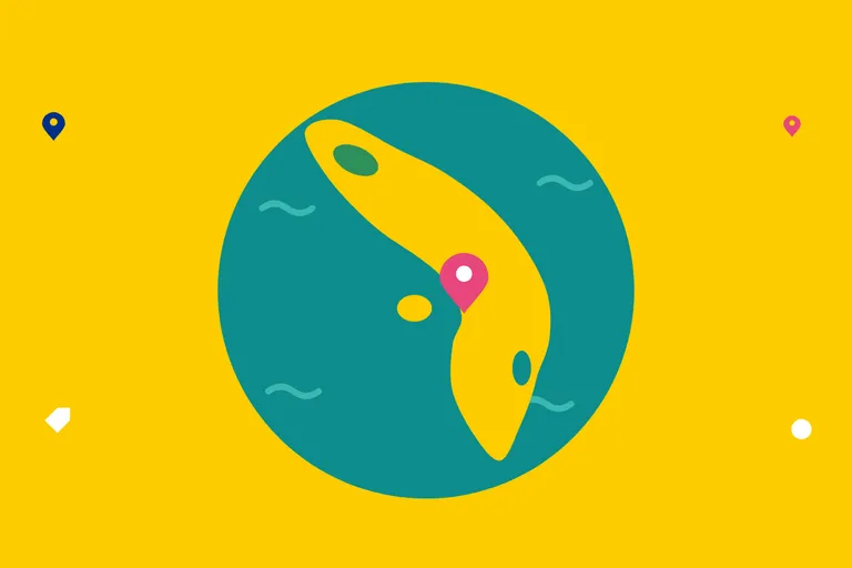 Illustrated map of Bonaire with a MercadoBon pin on Kralendijk